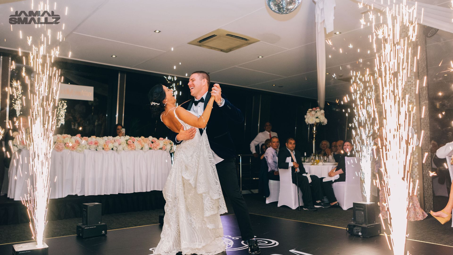 Dramatic Chicago wedding DJ first dance with cold spark pyrotechnic effects